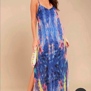 Flying watercolors royal blue print maxi dress